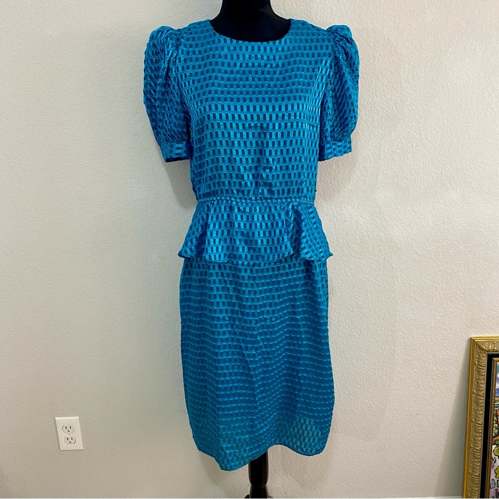 Vintage 80s D.J. U.S.A. Teal Peplum Dress Puff Sleeve Textured Sheath Large